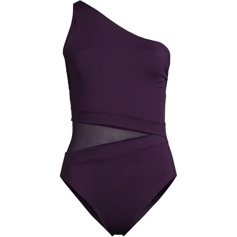 Land's End Plus Size Smoothing Mesh 1 Piece Swimsuit 1 shoulder BlackBerry 14 - Picture 2 of 8